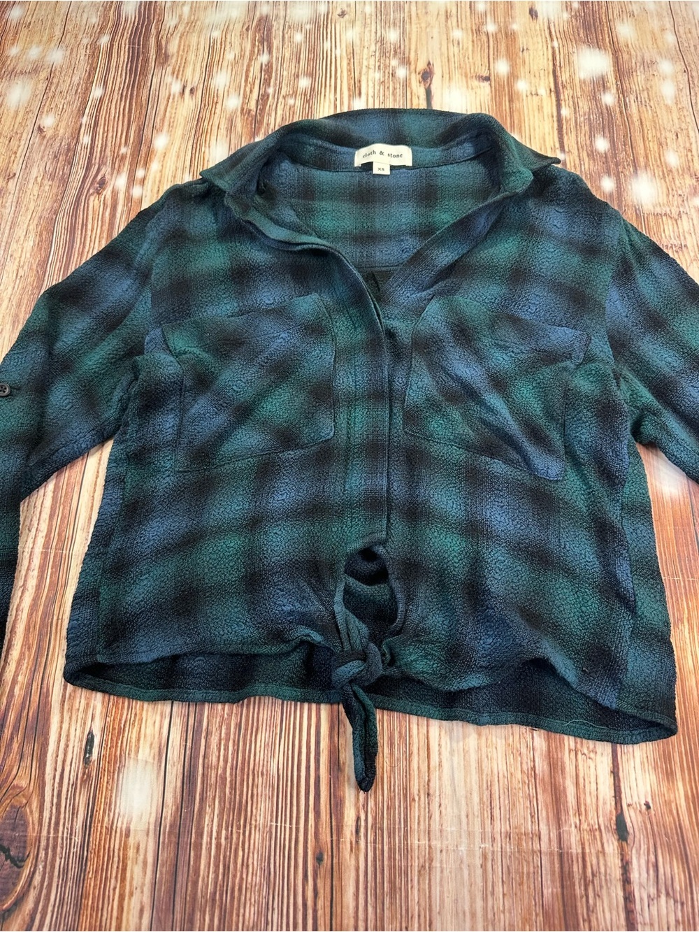 Cloth & Stone Sapphire Plaid Tie Front Shirt Green Blue Size XS - Picture 3 of 12